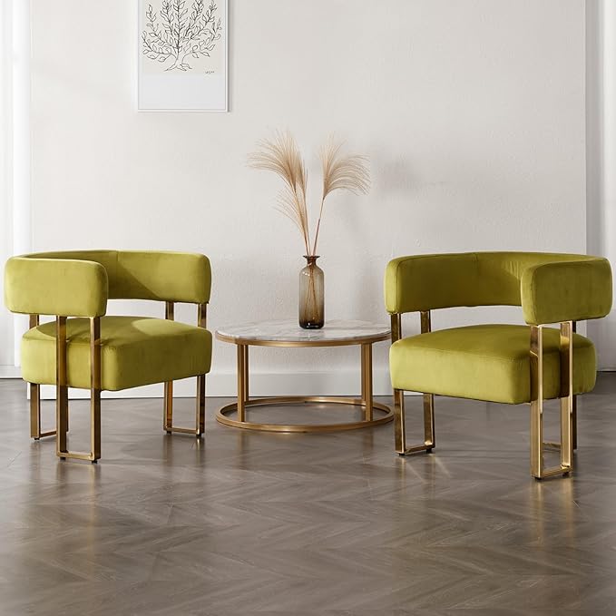 Barrel Accent Chair with Metal Frame Legs Modern Velvet Living Room Chairs Mid Century Upholstered Single Lounge Sofa Armchair for Living Room/Bedroom/Reading Room Olive