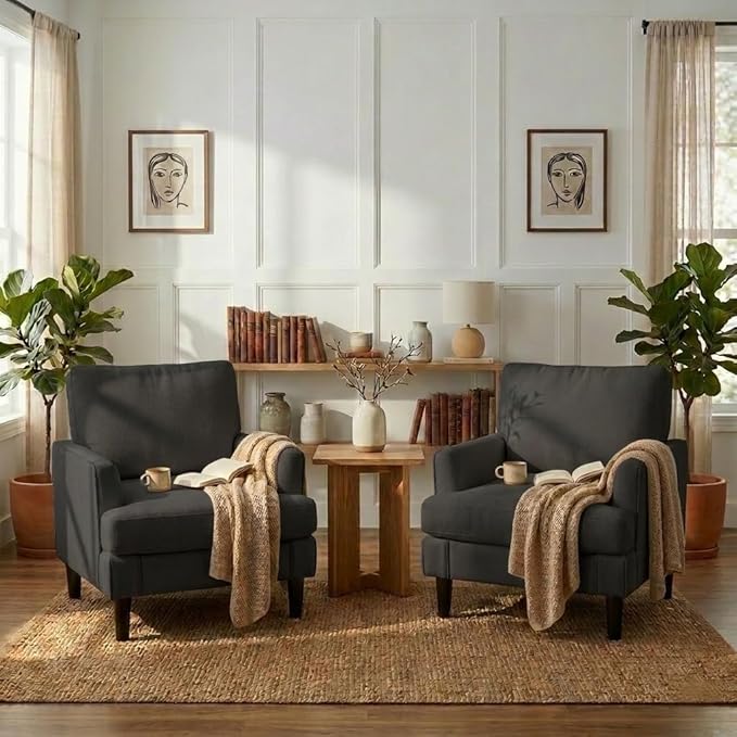 Kromax Accent Chair for Living Room Set of 2 No Screws Assembly Required Mid-Century Reading Chair for Bedroom Comfy Upholstered Armchair with Sturdy Legs Single Sofa Chair for Apartment Black