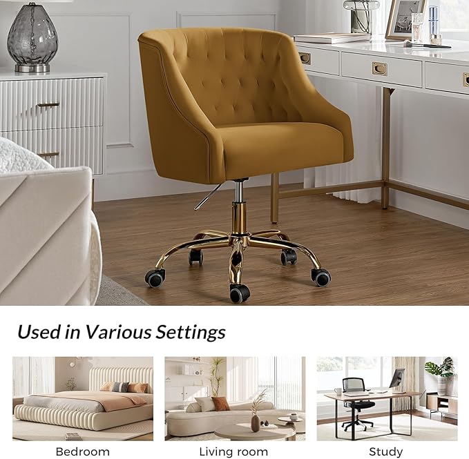 TINA'S HOME Velvet Home Office Chair with Gold Base Comfortable Modern Cute Desk Chair Adjustable Swivel Task Chair for Living Room Bedroom Vanity Study Golden