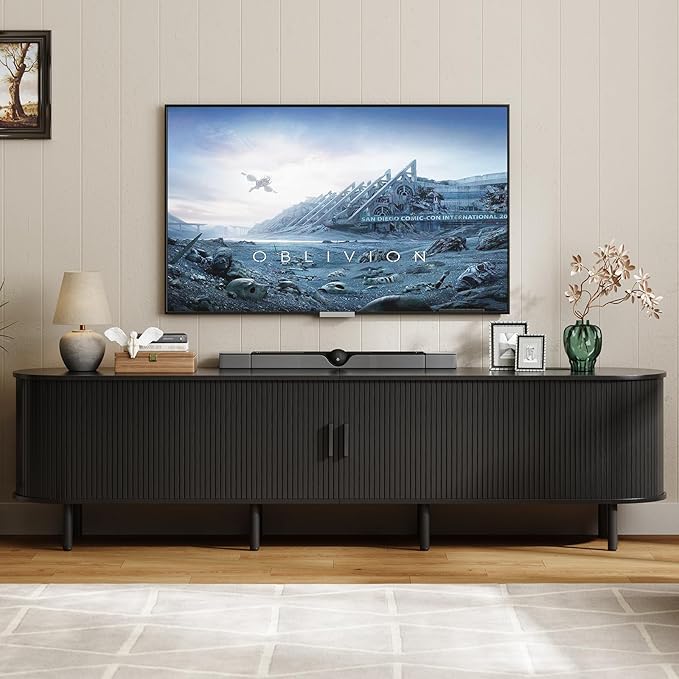 ONBRILL 86.6 TV Stand with Power Outlet for TVs up to 90 Inch Entertainment Center with Storage and Adjustable Shelves Modern Media Console with Sliding Doors for Living Room Black