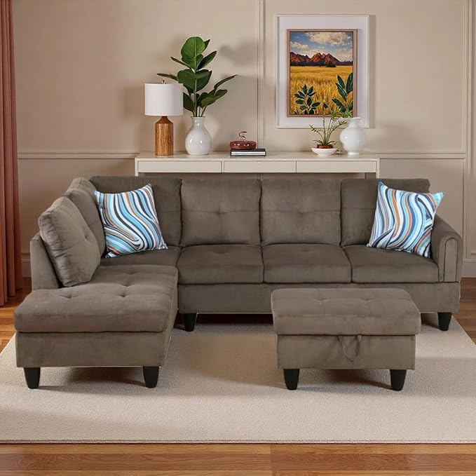 L-Shaped Sectional Sofa with Movable Chaise &amp Storage Ottoman Lounge 3-Piece Modular Convertible Couches for Living Room Apartment &amp Office Brown