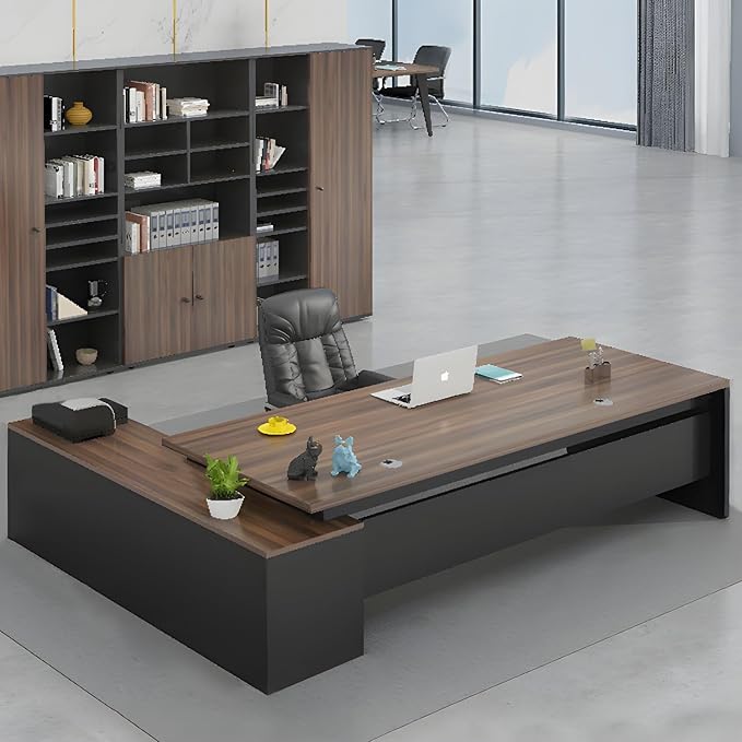 LITFAD Modern L-Shape Office Desk with Wood Base Executive Desks Boss Table Computer Desk Home Office Furniture with Drawers and Storage Shelves - Without Chairs 70.9 L x 31.5 W x 29.5 H Brown