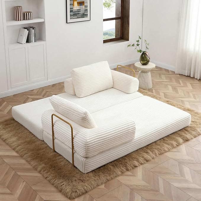 80” Convertible Sleeper Sofa Bed High Back Plush Corduroy Boneless Futon Loveseat with Pull Out Bed Fixed-Shape Folding Floor Mattress Couch No Assembly Required (Beige)