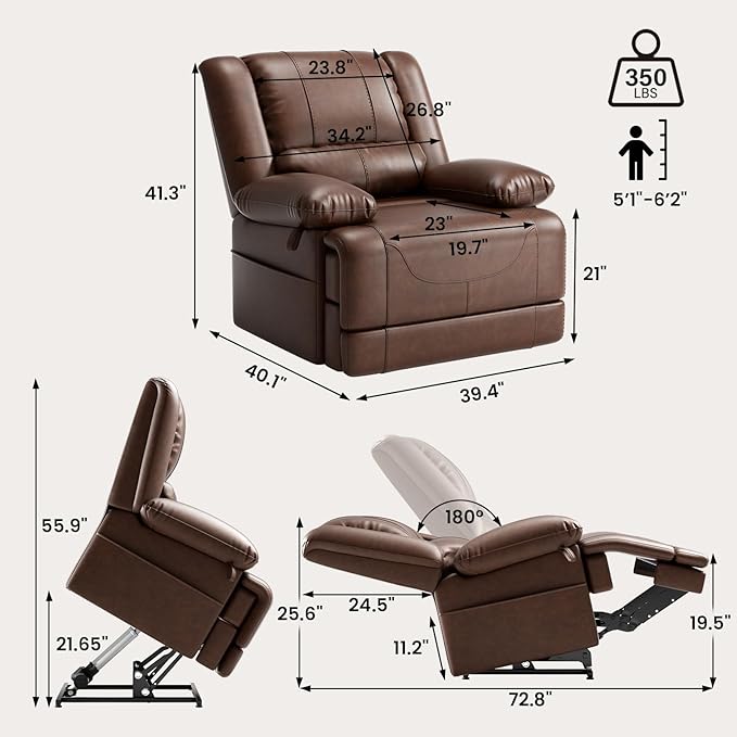 Large Dual Motor Power Lift Recliner Chair with Massage and Heat for Elderly People Infinite PositionUSB Ports and Remote ControlBreathable Leather (Red Brown)
