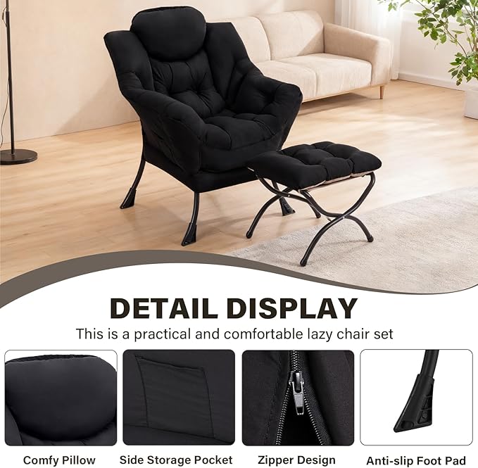 Lazy Chair with Ottoman Modern Accent Chair Contemporary Lounge Leisure Sofa Chair with Armrests Reading Chair and Folding Footstool Set for Living Room Bedroom Office Black