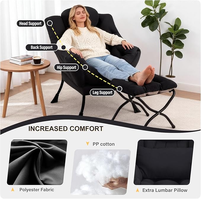Lazy Chair with Ottoman Modern Accent Chair with Lumbar Pillow Black Sofa Armchairs with Folding Footrest Oversized Supportive Chairs for Bedroom Reading