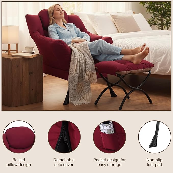 Welnow Lazy Chair with Ottoman Modern Accent Chair with Armrests and a Side Pocket Leisure Sofa Armchair Reading Armchair with Footrest for Small Space Burgundy
