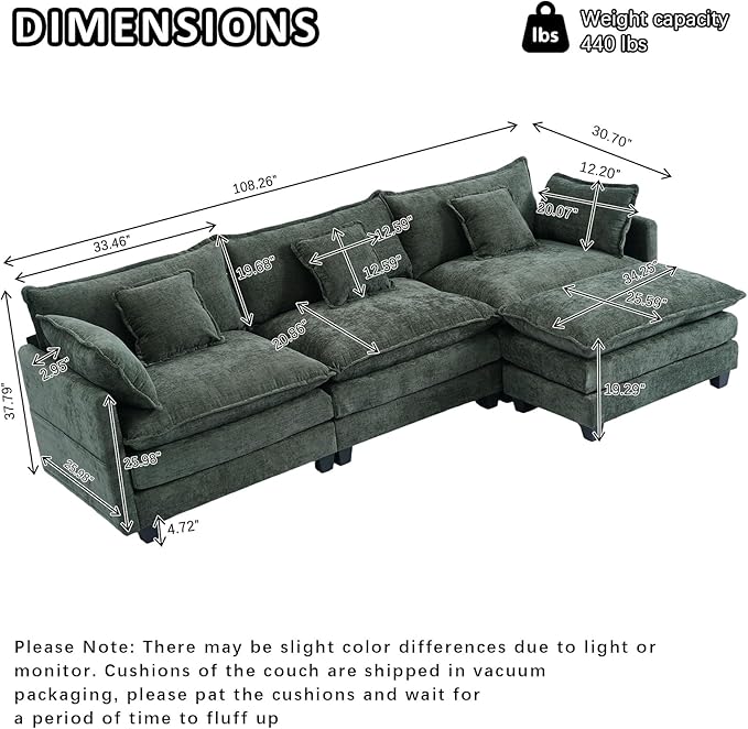 Gexpusm Modular Sectional Sofa108 L Shaped Couches for Living Room3 Seats Sofas with Movable OttomanCloud Sectional Couch with Deep SeatOversized Sleeper Sofa Boneless for BedroomGreen