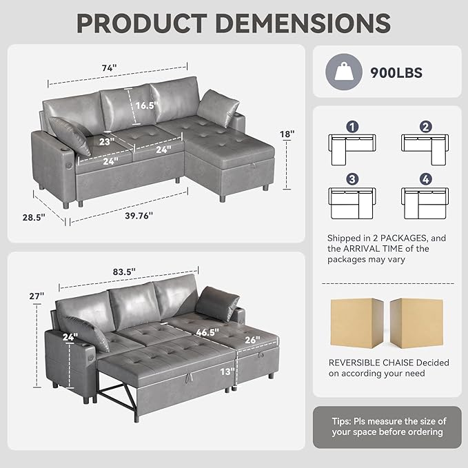 Leather Sleeper Sofa Bed Couch Pull Out Couch with Reversible Storage Chaise Sectional Couches with USB Charging Ports&ampCup Holders for Living Room Grey | USB Storage