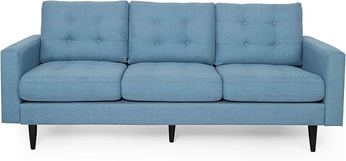 Christopher Knight Home Jenby Modern 3-Seater Sofa Tufted Waffle Stitch Fabric Couch with Rubberwood Tapered Legs Modern Living Room Sofa Couch for Family &amp Guests Blue