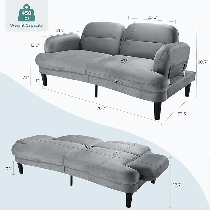 79” Futon Sofa Bed Sleeper Sofa Convertible Sofa Bed with Adjustable Backrest and Armrests Luxury Velvet Cloud Loveseat Convertible Recliner Sleeper Sofa for Living Room Bedroom Apartment Green