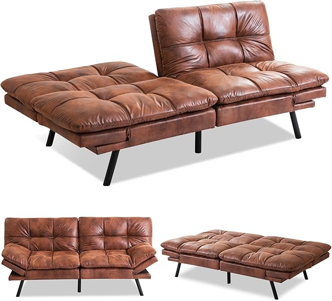 Convertible Futon Sofa Bed71 Modern Premium Faux Leather Futon Couch with Adjustable Backrest&ampArmrestSmall Loveseat Sleeper SofaDorm Futonsofa for ApartmentLiving RoomWhisky Brown