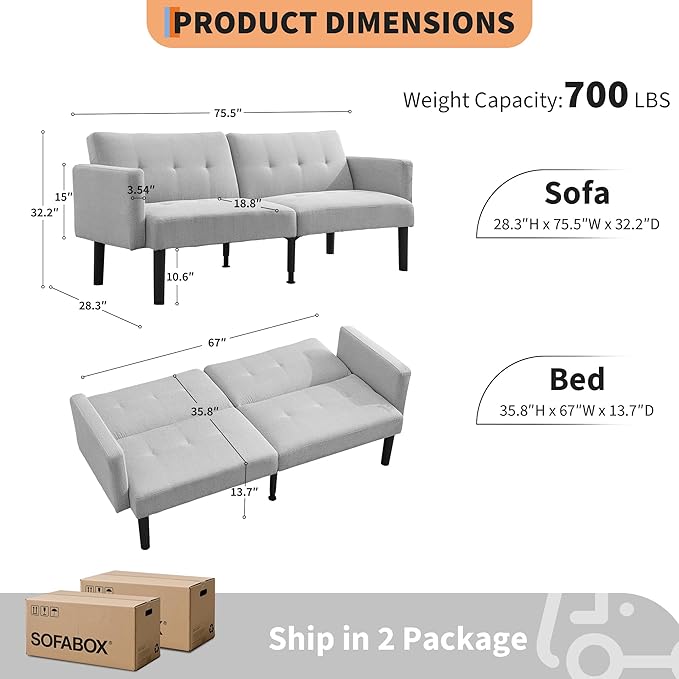 Convertible Futon Sofa Bed 75.5” Linen Flannel Loveseat Couch Bed With Solid Wood Legs &amp 700lbs Capacity Modern Adjustable Folding Recliner Sleeper Sofa for Living Room Apartment Office - Gray
