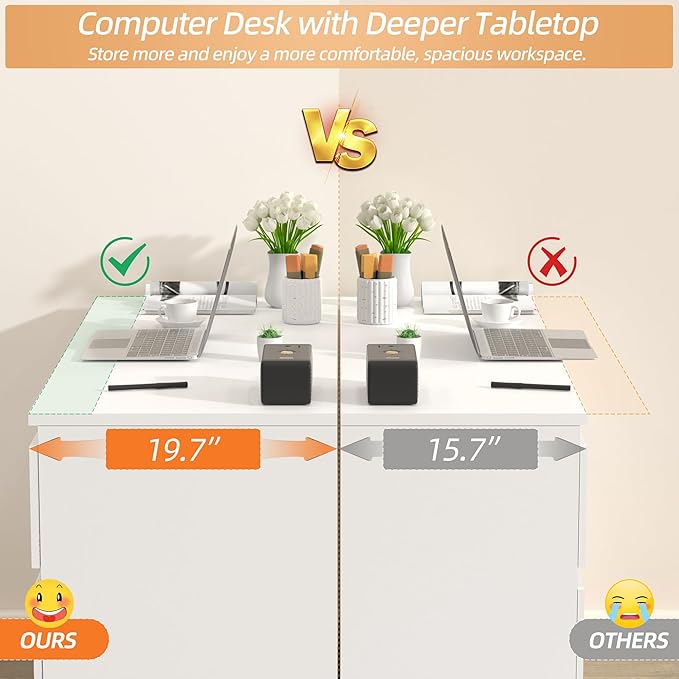 Computer Desk with 6 Drawers 47'' Home Office Desk with Storage &amp Keyboard Shelf White Gaming Desks Wood Vanity Desks for Bedroom Modern Corner Writing Table for Work Study (White)