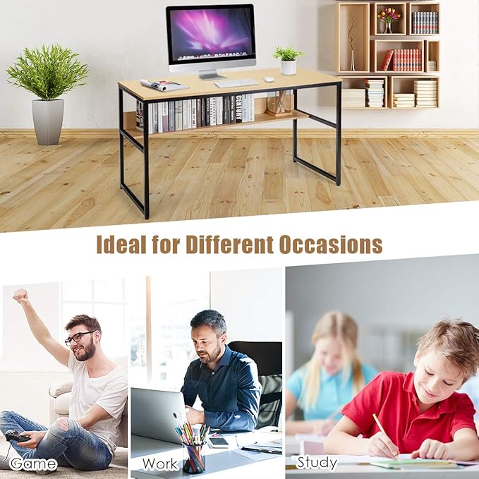 DORTALA 55 Industrial Computer Desk Contemporary Writing Table w/Storage Shelf Large Tabletop Sturdy Metal Structure Adjustable Foot Pads