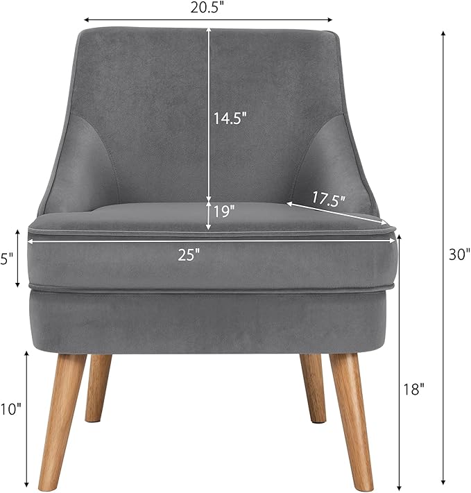 Giantex Velvet Accent Chair Mid Century Single Sofa Chair w/Rubber Wood Legs Comfy Slipper Chair Upholstered Armless Leisure Side Chair for Living Room Bedroom Meeting Room Grey