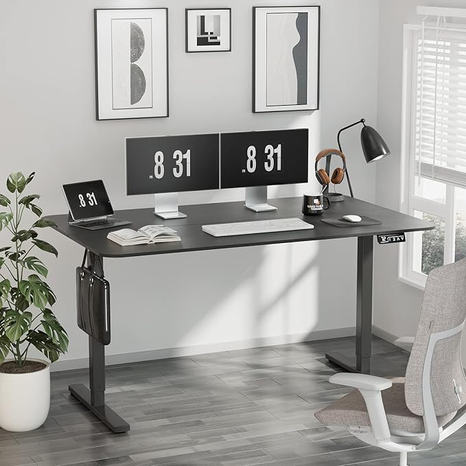 YESHOMY Height Adjustable Electric Standing Desk 55 inch Computer Table Home Office Workstation Black Leg/Black Top