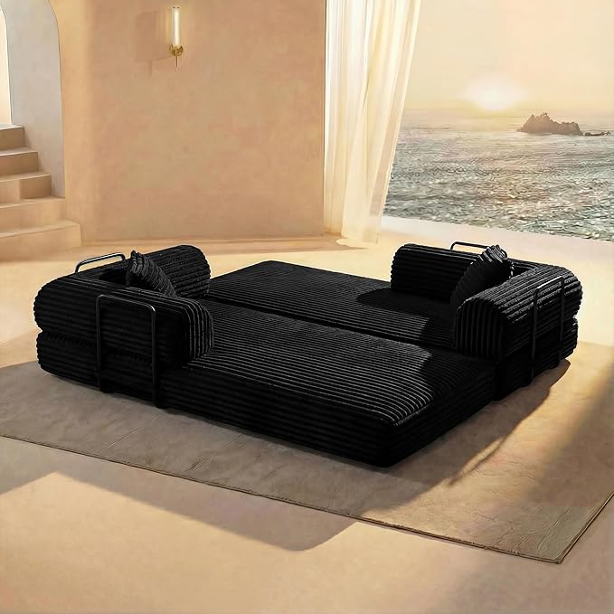 Convertible Sleeper Sofa Bed Folding Floor Mattress Couch with Fixed-Shape Frame Futon Boneless Couch Lounge Loveseat with Pull Out Bed No Assembly Required Black