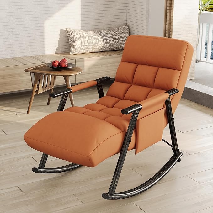 NIOIIKIT Nursery Rocking Chair Velvet Upholstered Rocker Chair with Adjustable Back&ampFootrest Reclining Glider Chair with Side Pocket Tufted Glider Rocker Armchair for Living Room (Orange Velve
