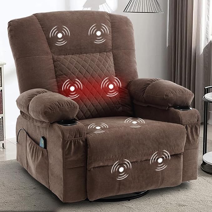 Oversized Rocker Recliner Chair with Massage and Heat Overstuffed Fabric Swivel Recliners Lounge Chairs for Adults Manual Home Theater Recliner with Cup HoldersUSB Charge PortBrown