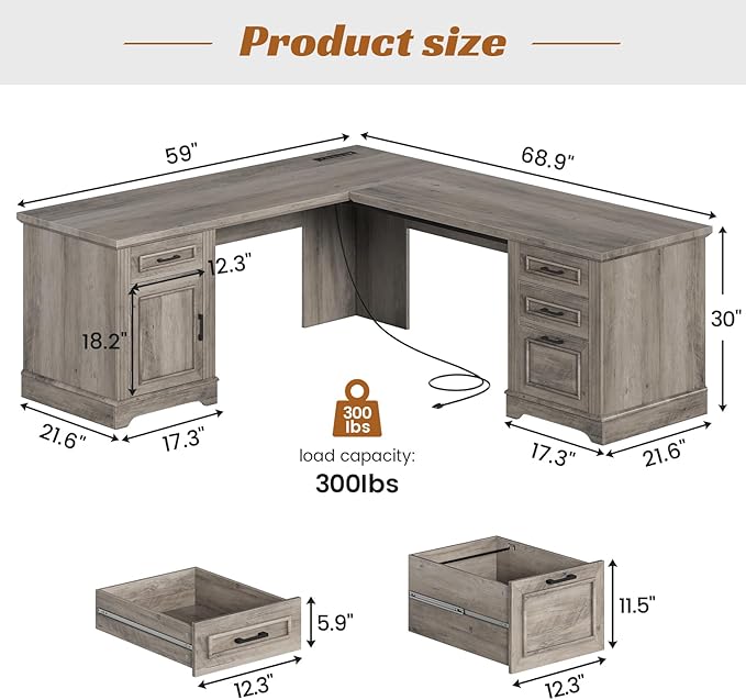 SEDETA 69 L Shaped Desk with Drawers and Storage Farmhouse Computer Desk with File Drawers and Power Outlet Corner Executive Desk with Storage Cabinet for Home Office Grey