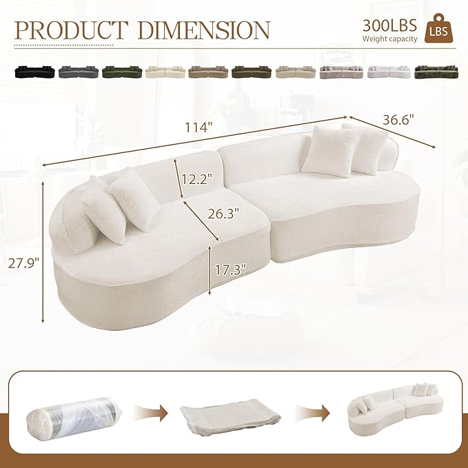 114 Modular Curved Cloud Couch Oversized Sectional Sofa for Living Room Modern Boneless 4-Seater Luxury Plush Boucle with Deep Seat Ideal for Living Room Office Apartment No Assembly White