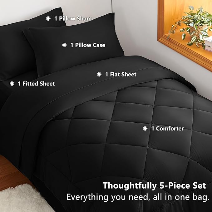 CozyLux Twin XL Comforter Set Black - 5 Pieces Twin Extra Long Bed in a Bag for College Dorm All Season Bedding Set for Girls and Boys Soft Bed Set with Comforter Sheets Pillowcase &amp Sham