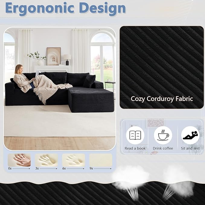 103 L-Shape Cloud Couch with Chaise Upholstered Corduroy Modular Sectional Sofa Deep Seat Couch with Free Combination for Living Room &amp ApartmentNo Assembly Required(BlackRight Facing Chaise)