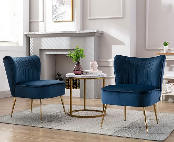 Blue Velvet Accent Chairs Set of 2 with Golden Legs Upholstered Side Chairs Mid-Century Modern Slipper Chairs for Guest Room Comfy Armless Wingback Corner Single Sofa Living Room Chairs