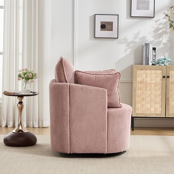 360° Swivel Accent Armchair Chair Pink Swivel Round Barrel Chair with 2 Pillows Upholstered Corduroy Accent Chairs for Living Room Bedroom Reading