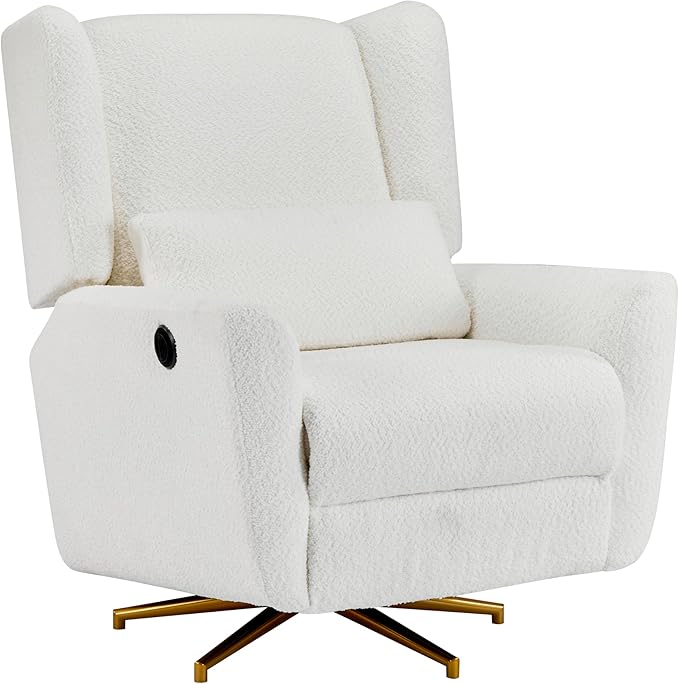 Christopher Knight Home Dolia Boucle Fabric Upholstered 360° Swivel Chair Push-Back Power Recliner Chair Iron Recliner Sofa with Rotation Living Room Lounge Sofa Adjustable Backrest Beige+Gold