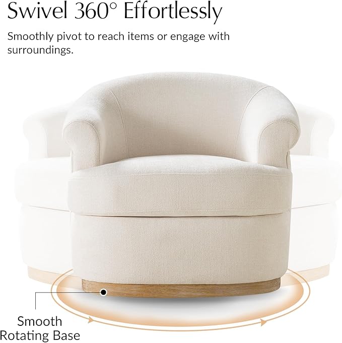 HULALA HOME Swivel Barrel Chair Set of 2 with Rolled Arms Upholstered Fabric Swivel Round Armchair with Removable Cushion Solid Wood Base for Living Room Bedroom Ivory