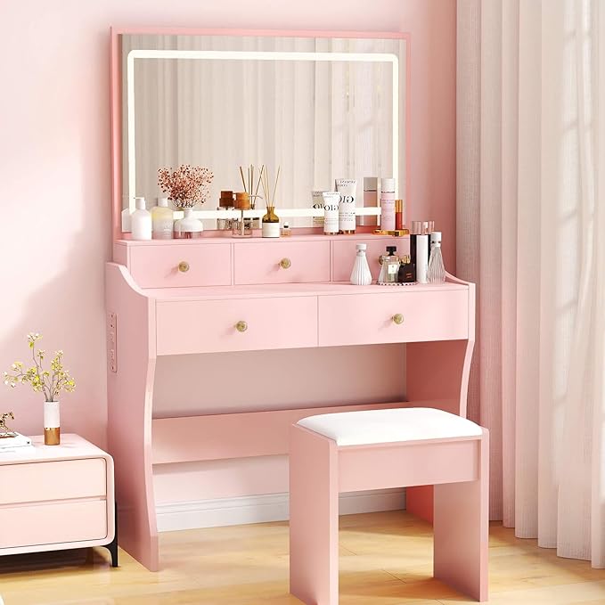COMHOMA Makeup Vanity Desk with Mirror and Lights Vanity Table and Chair Set with 5 Drawers and Charging Station Bedroom Dresser LED Mirror Stepless Dimmable &amp 3 Color Modes Adjustable Pink