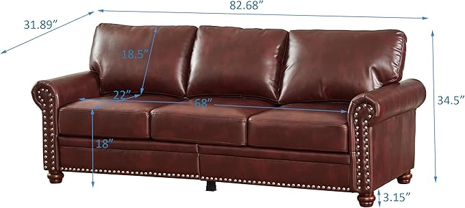 KEIKI 5 Seat Chesterfield Sofa Retro Style Upholstered Faux Leather PU Couch with Storage Space Rolled Arm Nailhead for Living Room Bedroom Office Apartment Burgundy