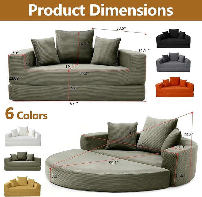 67'' Circular Convertible Compressed Sofa Bed Green Corduroy Floor Lounge Round Boneless Couch Loveseat Sleeper Sofa Couch with 3 Cushions No Assembly for Apartment Bedroom