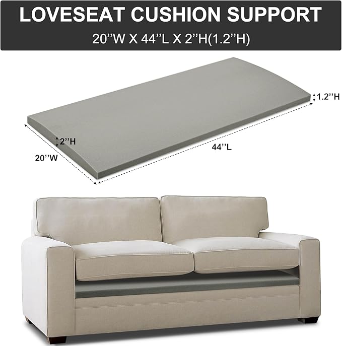 HAVARGO Couch Cushion Support for Loveseat Sofa High Density Foam 44x20 Inches Sofa Couch Supports for Sagging Cushions Light Grey 1PC with Anti Slip Mesh Fabric