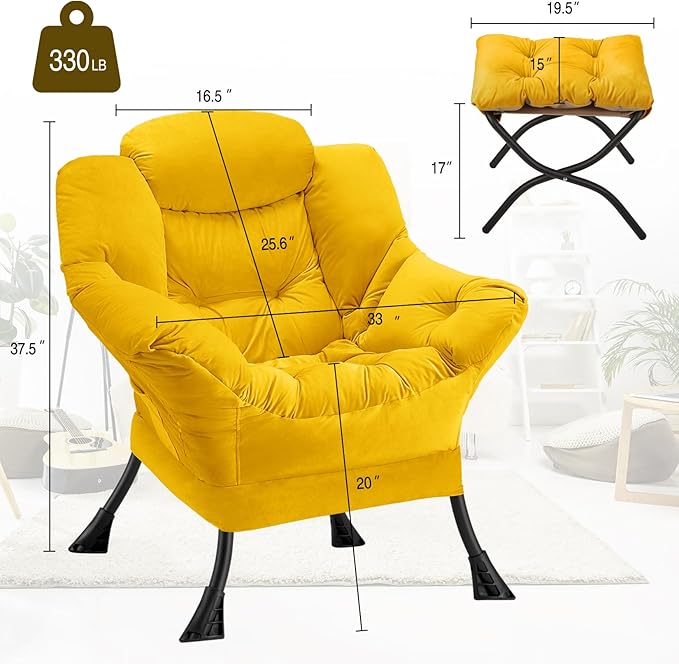 Lazy Chair with Folding Ottoman Modern Large Accent ChairContemporary Lounge Leisure Sofa Chair with Armrests Upholstered Sofa Armchair Reading Chair for BedroomDorm &amp Office (Yellow-f)