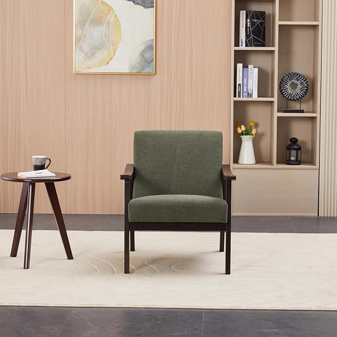 Mid-Century Modern Accent Chair Modern Armchair with High Back Upholstered Armchair with Solid Wood Legs Leisure Lounge Reading Chair for Living Room or Bedroom (Antique Green)