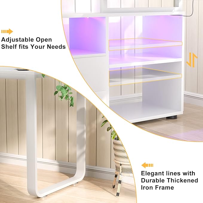 Homieasy L Shaped Desk with File Cabinet &amp Power Outlet Reversible 55 Inch Large Corner Computer Desks with LED Strip L-Shaped Desk with Drawers and Storage Shelves for Home Office White