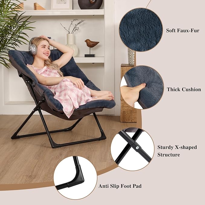 Comfy Saucer Chair for Adults Soft Faux Fur Bedroom Chair Accent Dorm Chairs Flexible Living Room Reading Chairs Oversized Folding Seat for Teens X-Large Navy Blue