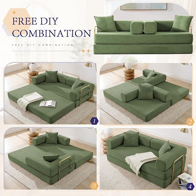 Convertible Folding Sofa Bed Corduroy Sleeper Mattress Couch with Fixed-Shape Frame Free Combination Loveseat Lounge Floor Sofa Queen Size Memory Foam Couch for Living Room Bedroom Dark Green