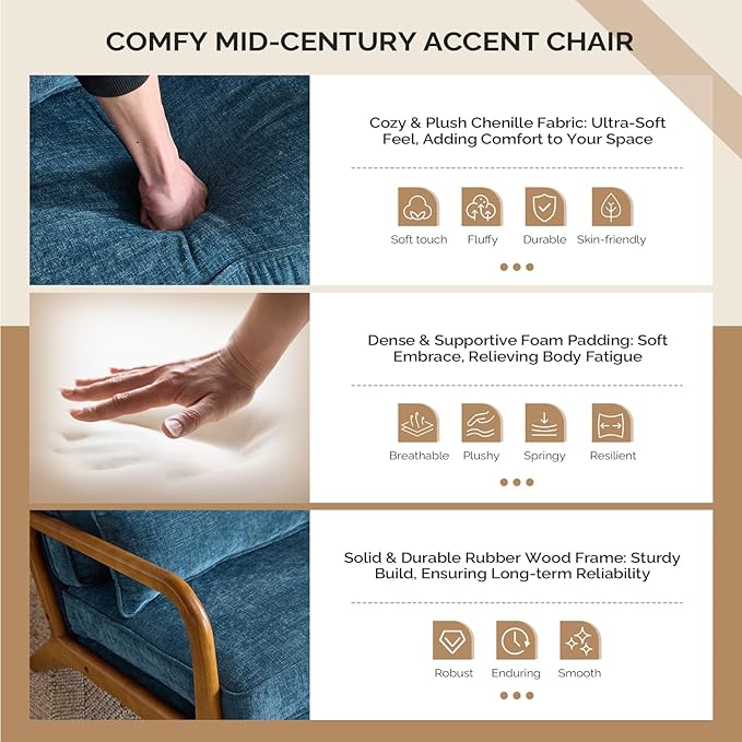 VINGLI Chenille Mid-Century Modern Accent Chair Set of 2 Cute Reading Arm Chair with Cushion &amp Lumbar Pillow &amp Solid Wood Frame for Lounge Living Room Reading Room Bedroom Blue