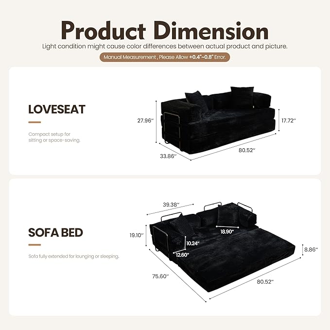 HOOOWOOO Convertible Folding Futon Sofa Bed4 in 1 Corduroy Sleeper Couch No Assembly80.5 Boneless Loveseat Lounge with Steel Frame Support for Living Room Bedroom Guest Room(Black)