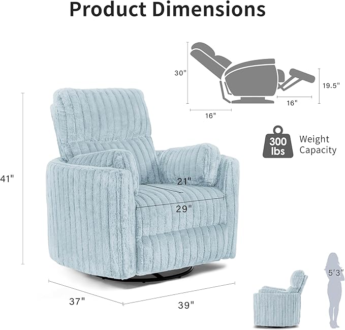 Furniture of America Vyrinor Modern Chenille Power 220° Swivel Recliner Chair with Pillows Reclining Glider Comfy Sofa Wooden Comfortable Couch for Living Room Nursery Home Theater Sky Blue