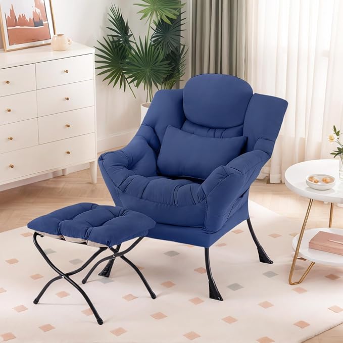 Lazy Chair with Ottoman Modern Lounge Chair with Lumbar Pillow Accent Cozy Reading Armchair and Folding Footstool for Bedroom Dorm Living RoomPeacock Blue