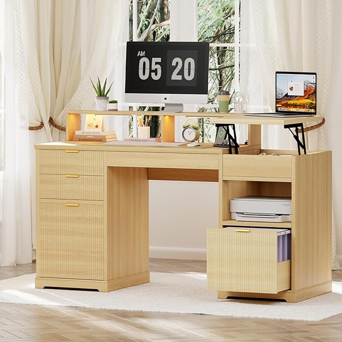 Fluted Desk with Drawers Filing Cabinet 63 Home Office Executive Desk with Lift Top Gaming Desk Charging Station Sensor Lights Wood Computer Table with Monitor Stand Natural Wood
