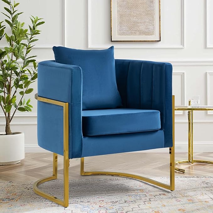 X-VOLSPORT Velvet Accent Chair Modern Barrel Arm Chair for Living Room/Bedroom/Guest Reception Upholstered Club Armchair with Pillow &amp Gold Base Navy Blue