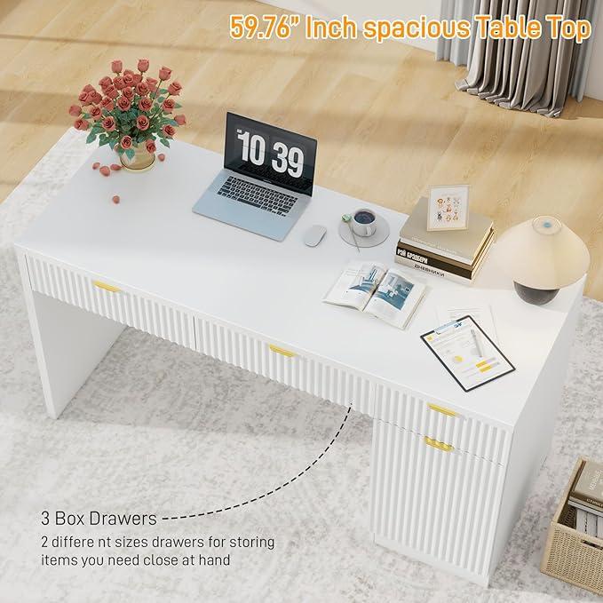 60 Executive Desk with Fluted Drawers Wood Home Office Desk with Storage Cabinet Fluted Reversible Computer Writing Desk for Study Living RoomWhite