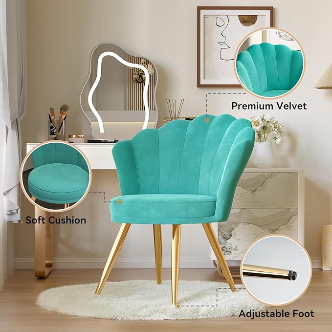 Velvet Accent Chair with Gold Metal Legs Vanity Chair for Makeup Room Upholstered Guest Chair for Living Room Side-Chair for Bedroom Cyan