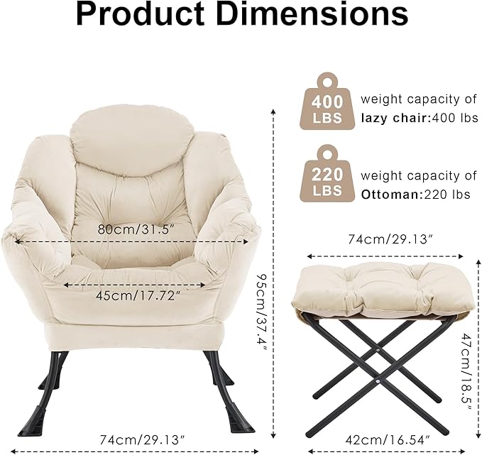 Lazy Chair with OttomanOversized Accent Chair with Thick Cushion Side PocketModern Lounge Arm Reading Chair and Folding Footrest for Living RoomBedroomOfficeDormApartment Beige